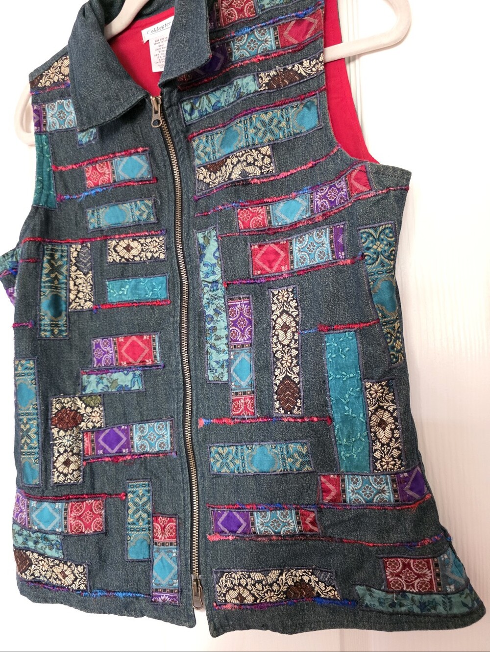 Coldwater Creek Patchwork Denim Vest Size S Boho Zip Up Festival Artsy Retro